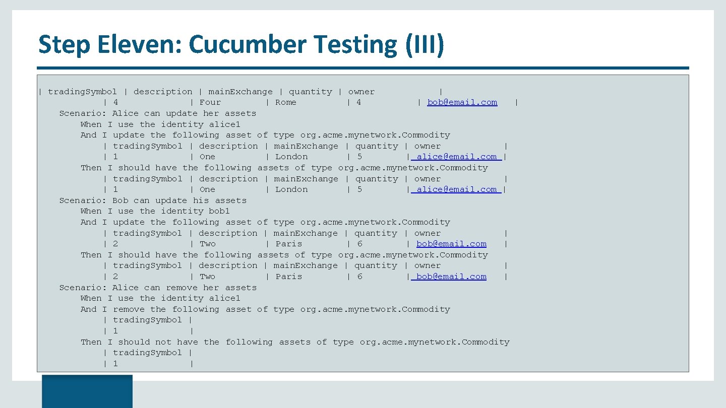 Step Eleven: Cucumber Testing (III) | trading. Symbol | description | main. Exchange |