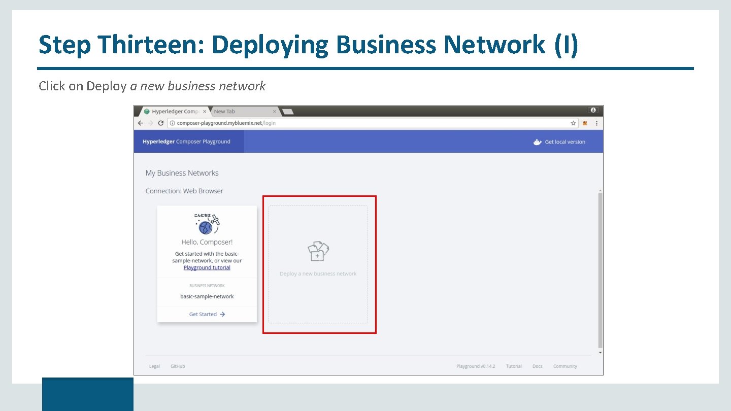 Step Thirteen: Deploying Business Network (I) Click on Deploy a new business network 