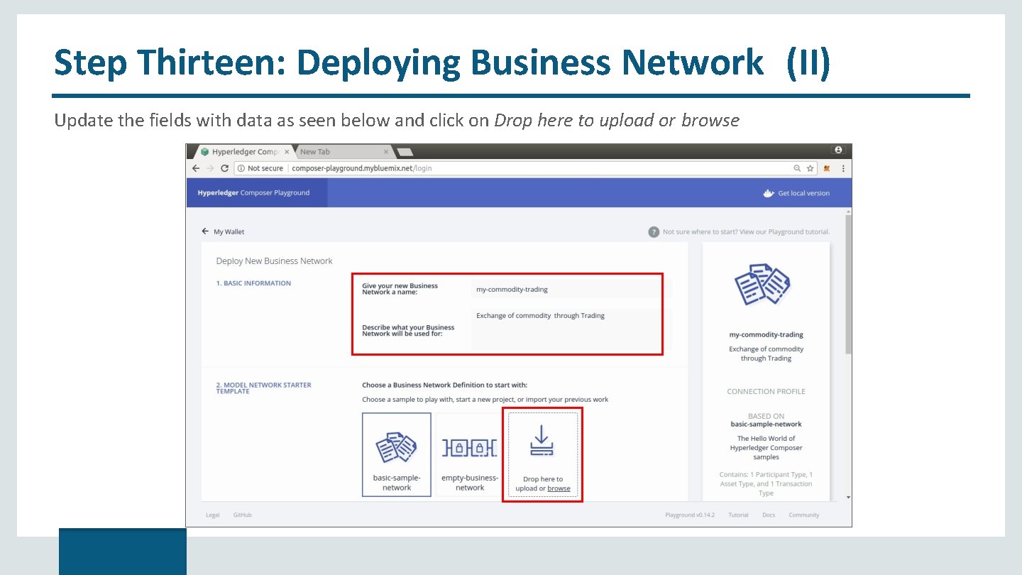 Step Thirteen: Deploying Business Network (II) Update the fields with data as seen below