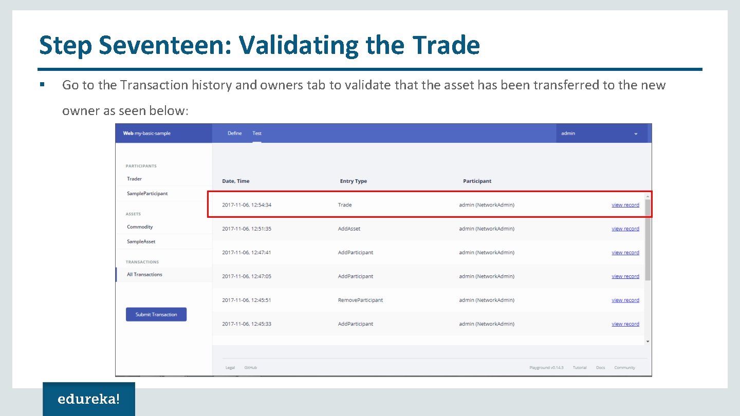 Step Seventeen: Validating the Trade Go to the Transaction history and owners tab to