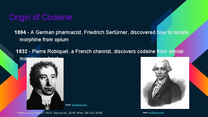 Origin of Codeine 1804 - A German pharmacist, Friedrich Sertürner, discovered how to isolate