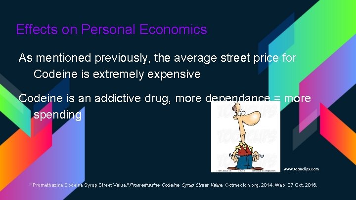 Effects on Personal Economics As mentioned previously, the average street price for Codeine is