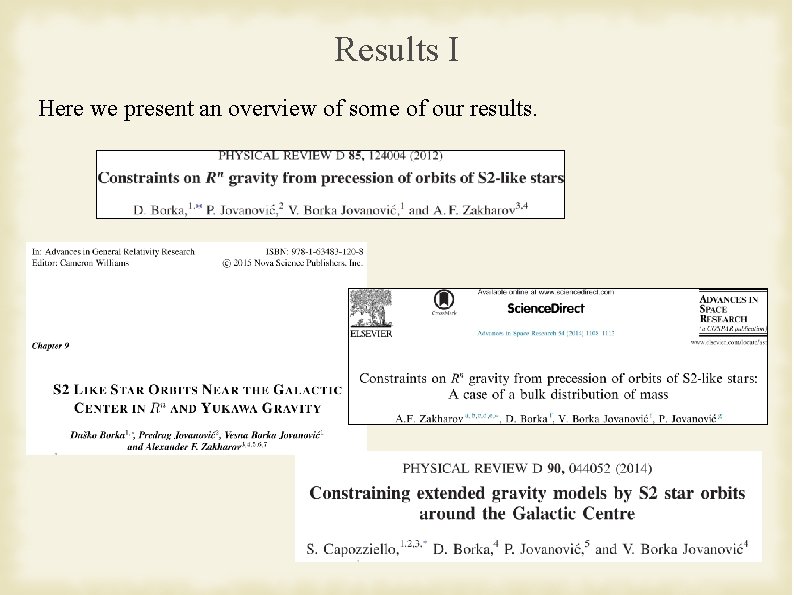 Results I Here we present an overview of some of our results. 