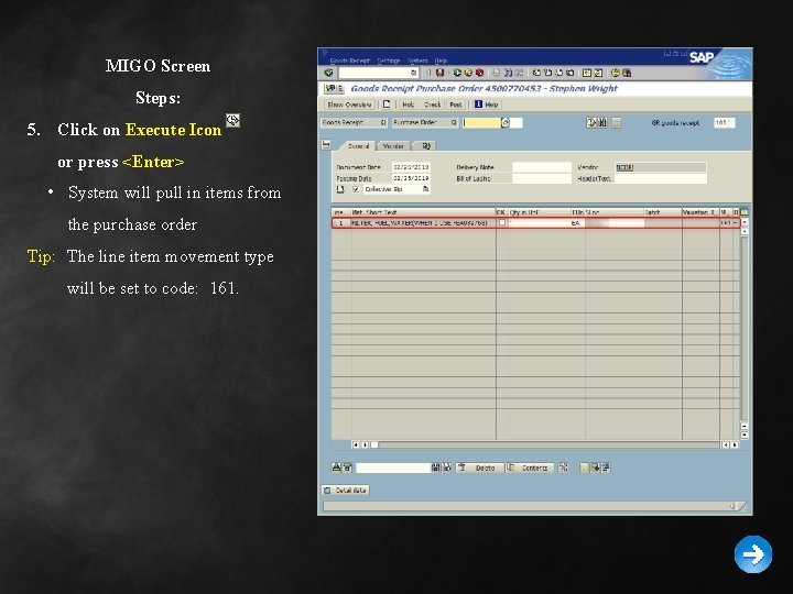 MIGO Screen Steps: 5. Click on Execute Icon or press <Enter> • System will