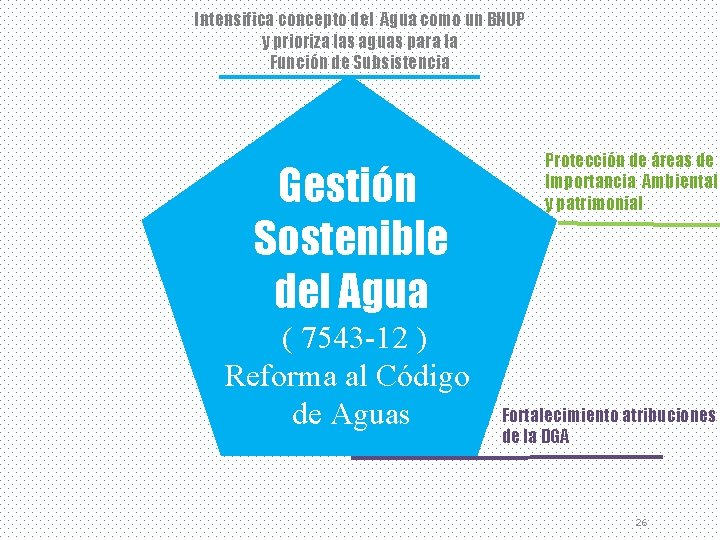 Intensifica concepto del Agua como un BNUP y prioriza las aguas para la Función