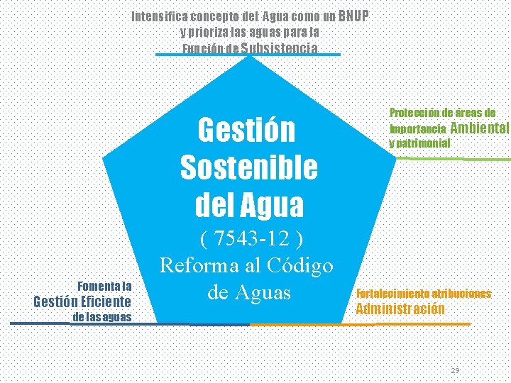 Intensifica concepto del Agua como un BNUP y prioriza las aguas para la Función