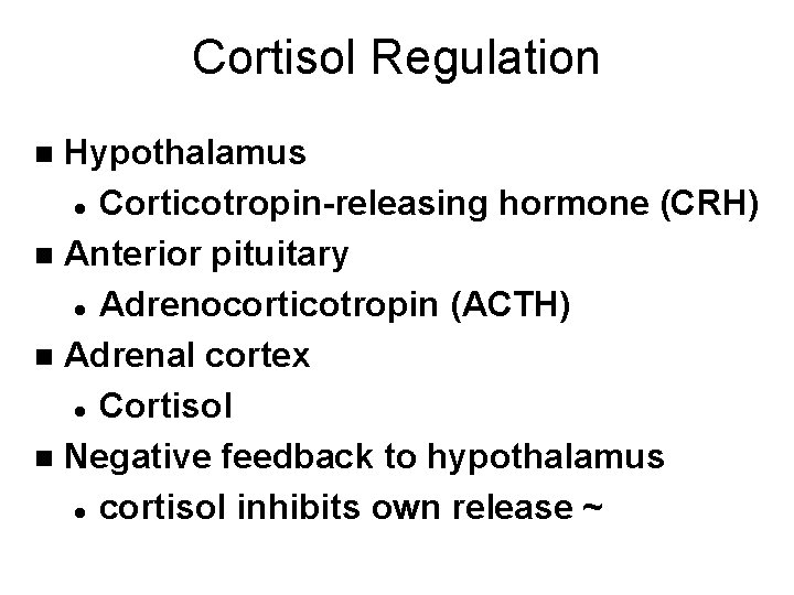 Cortisol Regulation Hypothalamus l Corticotropin-releasing hormone (CRH) n Anterior pituitary l Adrenocorticotropin (ACTH) n