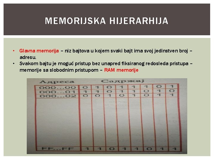 MEMORIJSKA HIJERARHIJA • Glavna memorija – niz bajtova u kojem svaki bajt ima svoj