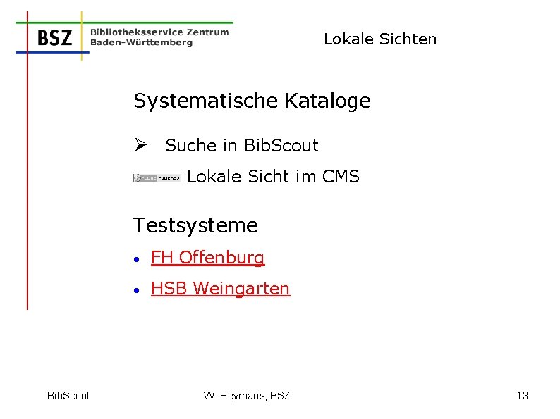 Lokale Sichten Systematische Kataloge Ø Suche in Bib. Scout Lokale Sicht im CMS Testsysteme