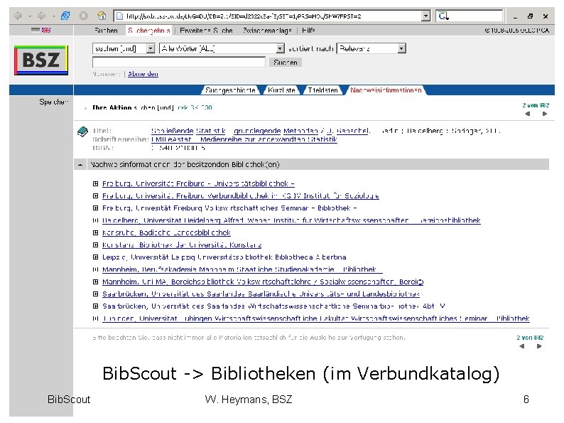 Bib. Scout -> Bibliotheken (im Verbundkatalog) Bib. Scout W. Heymans, BSZ 6 