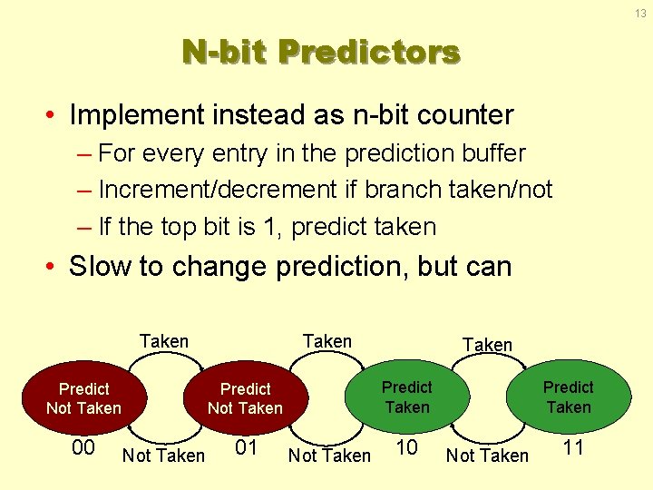 13 N-bit Predictors • Implement instead as n-bit counter – For every entry in