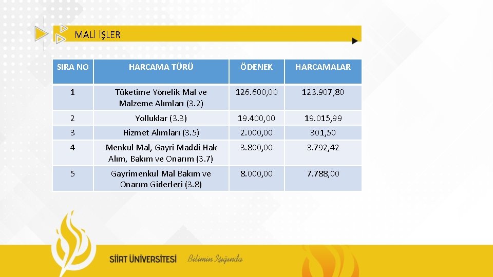 MALİ İŞLER SIRA NO HARCAMA TÜRÜ ÖDENEK HARCAMALAR 1 Tüketime Yönelik Mal ve Malzeme
