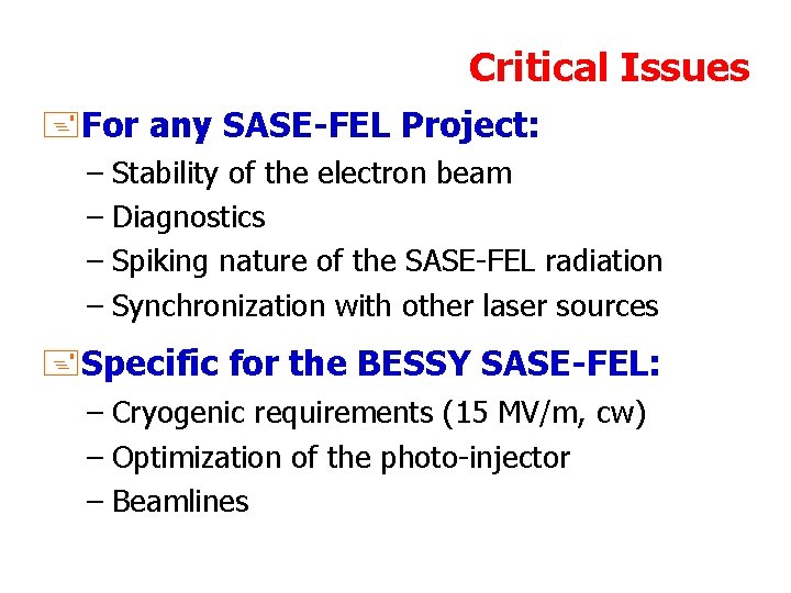 Critical Issues +For any SASE-FEL Project: – Stability of the electron beam – Diagnostics