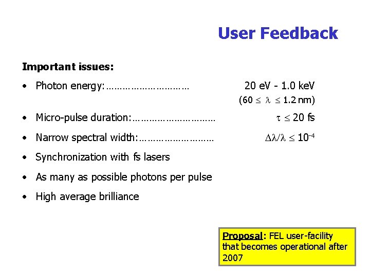 User Feedback Important issues: • Photon energy: …………… 20 e. V - 1. 0