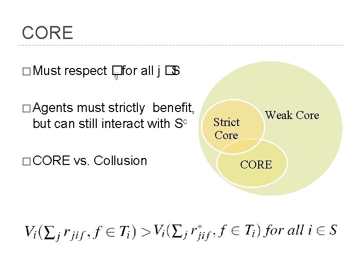 CORE � Must respect � S ij for all j � � Agents must