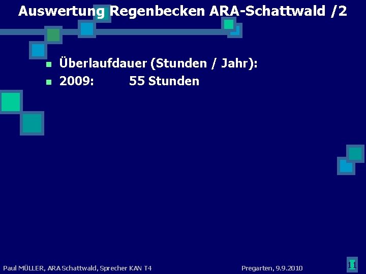Auswertung Regenbecken ARA-Schattwald /2 n n Überlaufdauer (Stunden / Jahr): 2009: 55 Stunden Paul