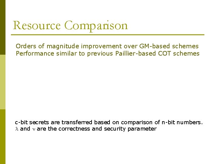 Resource Comparison Orders of magnitude improvement over GM-based schemes Performance similar to previous Paillier-based