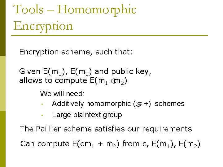 Tools – Homomorphic Encryption scheme, such that: Given E(m 1), E(m 2) and public