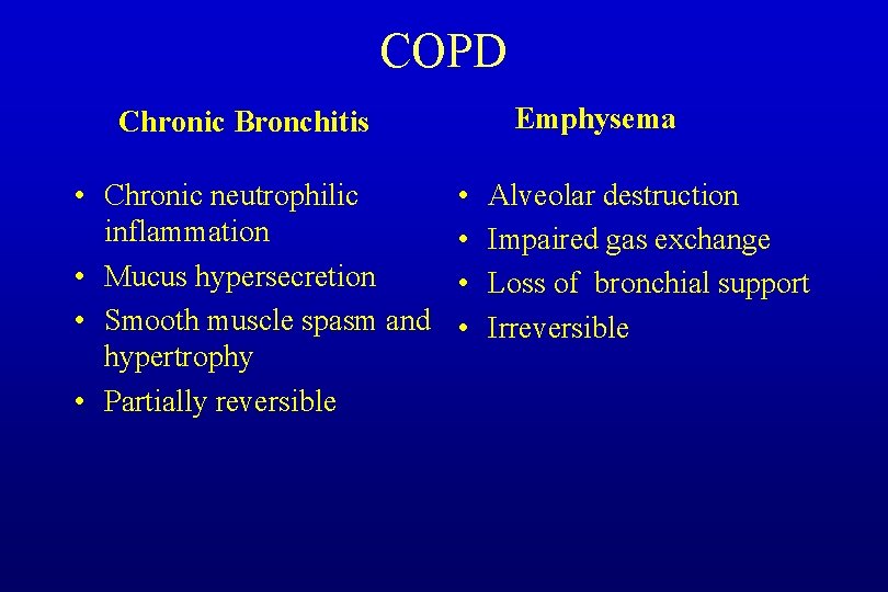 COPD Emphysema Chronic Bronchitis • Chronic neutrophilic inflammation • Mucus hypersecretion • Smooth muscle