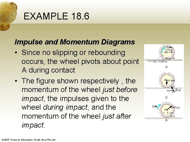 EXAMPLE 18. 6 Impulse and Momentum Diagrams • Since no slipping or rebounding occurs,