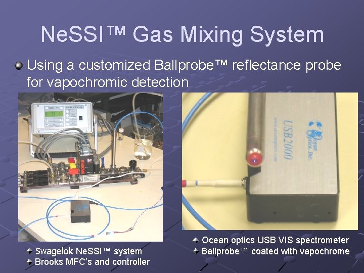 Ne. SSI™ Gas Mixing System Using a customized Ballprobe™ reflectance probe for vapochromic detection