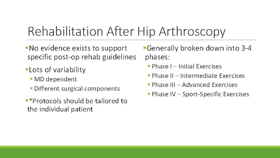 Rehabilitation After Hip Arthroscopy §No evidence exists to support §Generally broken down into 3