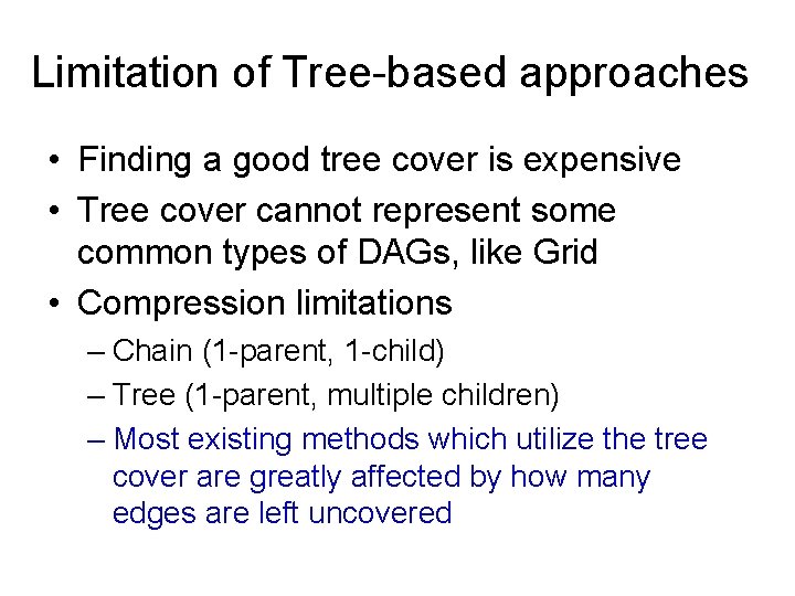 Limitation of Tree-based approaches • Finding a good tree cover is expensive • Tree