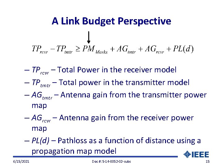 A Link Budget Perspective – TPrcvr – Total Power in the receiver model –