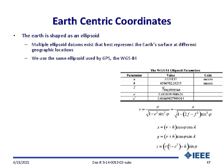Earth Centric Coordinates • The earth is shaped as an ellipsoid – Multiple ellipsoid