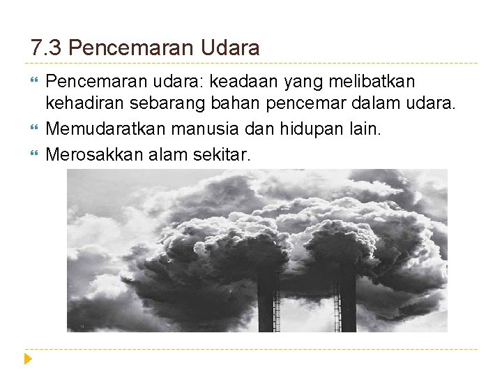 7. 3 Pencemaran Udara Pencemaran udara: keadaan yang melibatkan kehadiran sebarang bahan pencemar dalam