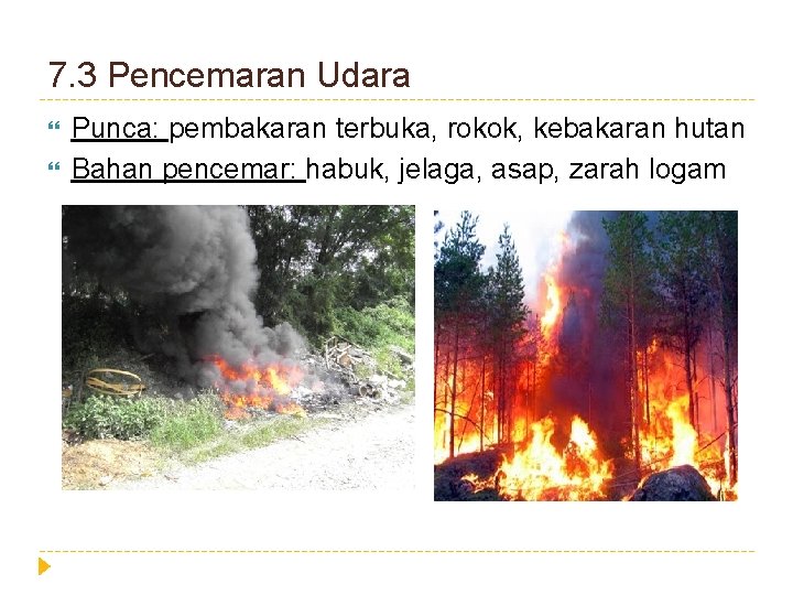 7. 3 Pencemaran Udara Punca: pembakaran terbuka, rokok, kebakaran hutan Bahan pencemar: habuk, jelaga,