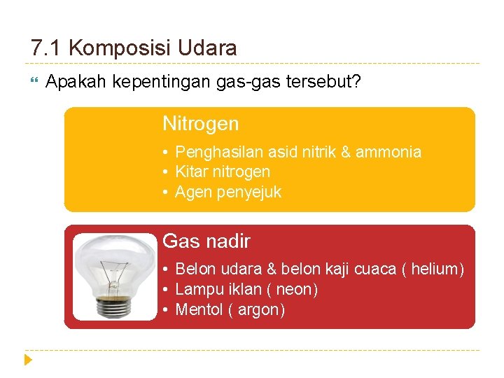 7. 1 Komposisi Udara Apakah kepentingan gas-gas tersebut? Nitrogen • Penghasilan asid nitrik &