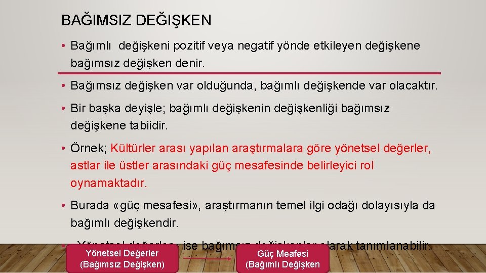BAĞIMSIZ DEĞIŞKEN • Bağımlı değişkeni pozitif veya negatif yönde etkileyen değişkene bağımsız değişken denir. BAĞIMSIZ DEĞIŞKEN • Bağımlı değişkeni pozitif veya negatif yönde etkileyen değişkene bağımsız değişken denir.