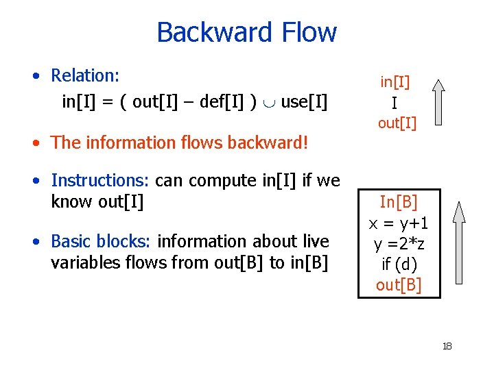 Backward Flow • Relation: in[I] = ( out[I] – def[I] ) use[I] • The
