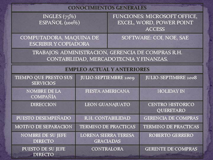 CONOCIMIENTOS GENERALES INGLES (75%) ESPAÑOL (100%) FUNCIONES: MICROSOFT OFFICE, EXCEL, WORD, POWER POINT ACCESS