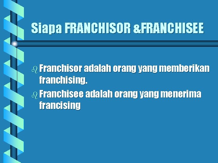 Siapa FRANCHISOR &FRANCHISEE b Franchisor adalah orang yang memberikan franchising. b Franchisee adalah orang