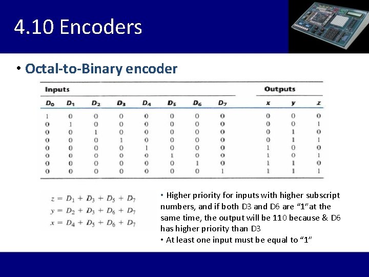 4. 10 Encoders • Octal-to-Binary encoder • Higher priority for inputs with higher subscript