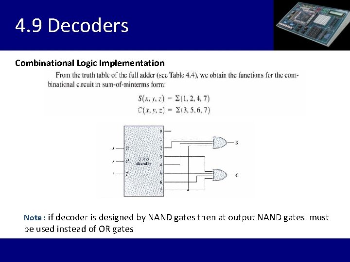 4. 9 Decoders Combinational Logic Implementation Note : if decoder is designed by NAND