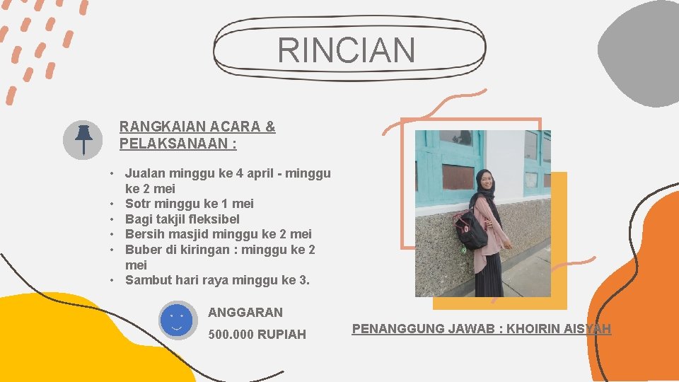 RINCIAN RANGKAIAN ACARA & PELAKSANAAN : • Jualan minggu ke 4 april - minggu