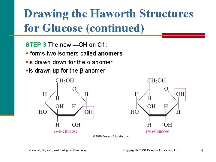 Drawing the Haworth Structures for Glucose (continued) STEP 3 The new —OH on C Drawing the Haworth Structures for Glucose (continued) STEP 3 The new —OH on C