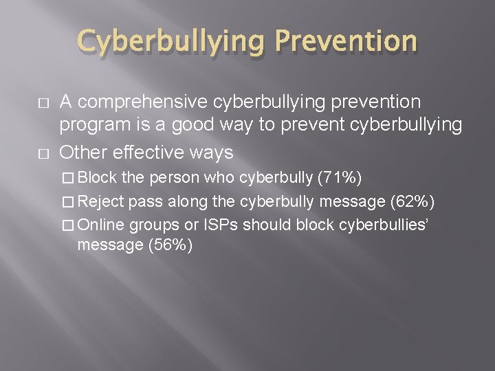 Cyberbullying Prevention � � A comprehensive cyberbullying prevention program is a good way to