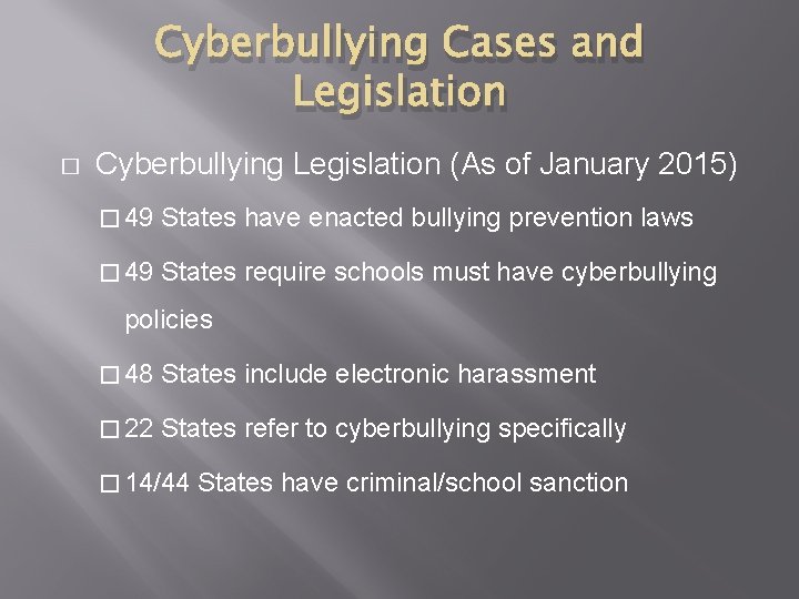 Cyberbullying Cases and Legislation � Cyberbullying Legislation (As of January 2015) � 49 States