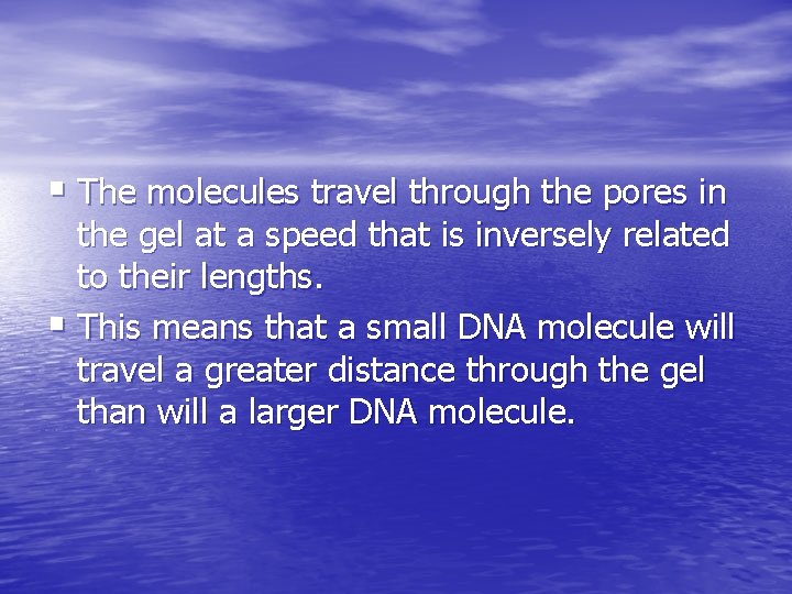 § The molecules travel through the pores in the gel at a speed that