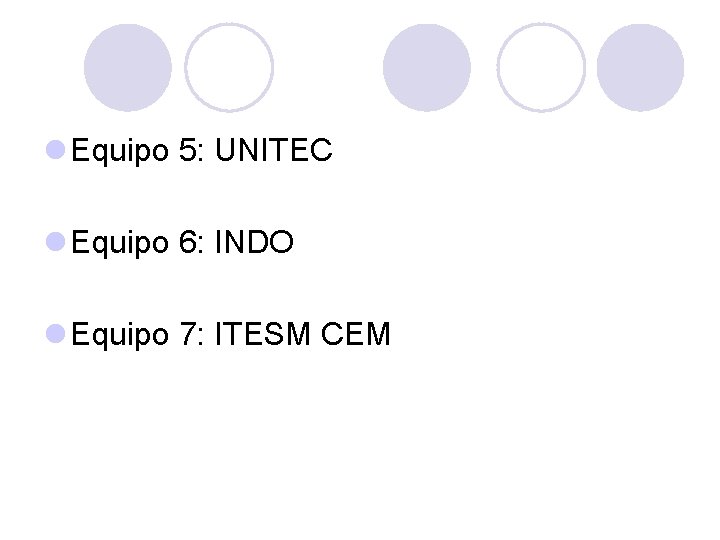 l Equipo 5: UNITEC l Equipo 6: INDO l Equipo 7: ITESM CEM 