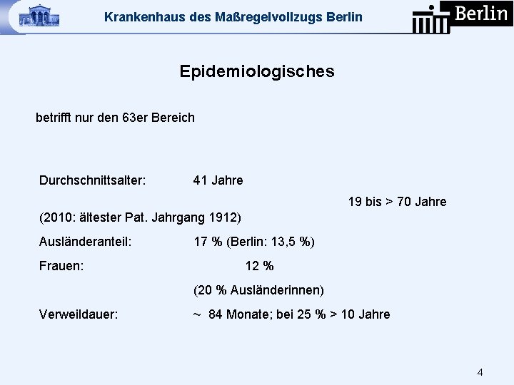Krankenhaus des Maßregelvollzugs Berlin Epidemiologisches betrifft nur den 63 er Bereich Durchschnittsalter: 41 Jahre
