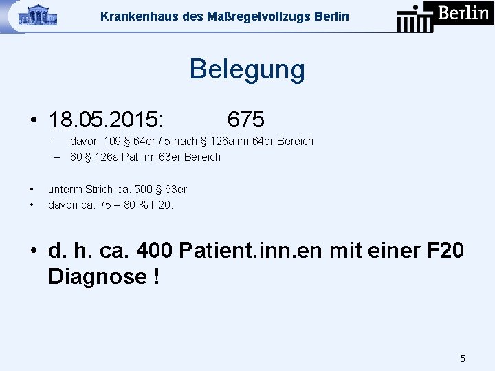 Krankenhaus des Maßregelvollzugs Berlin Belegung • 18. 05. 2015: 675 – davon 109 §