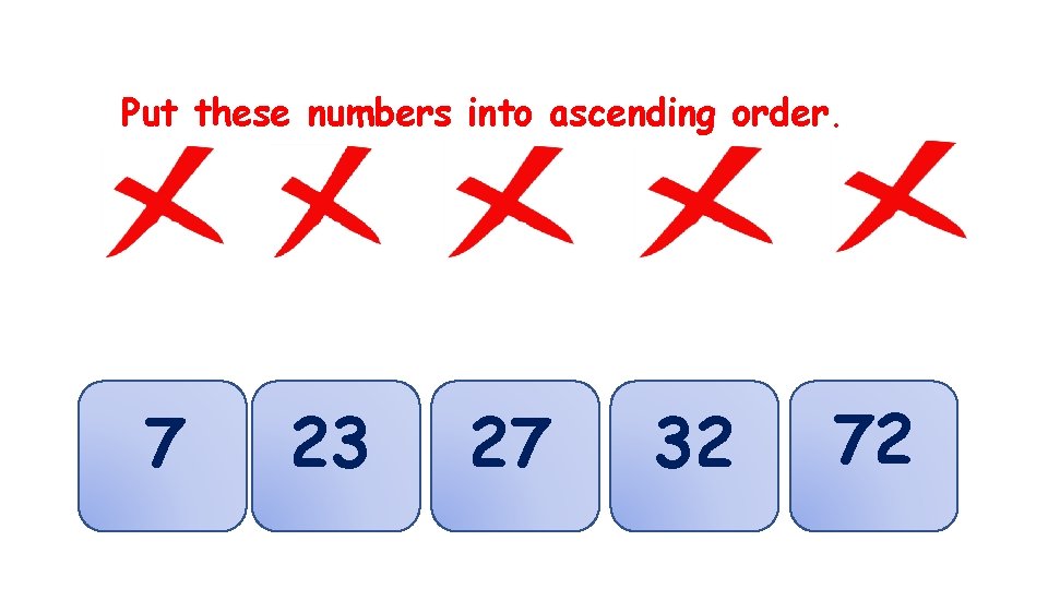 Put these numbers into ascending order. 72 7 23 32 7 23 27 32