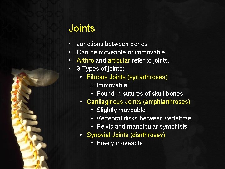 Joints • • Junctions between bones Can be moveable or immovable. Arthro and articular