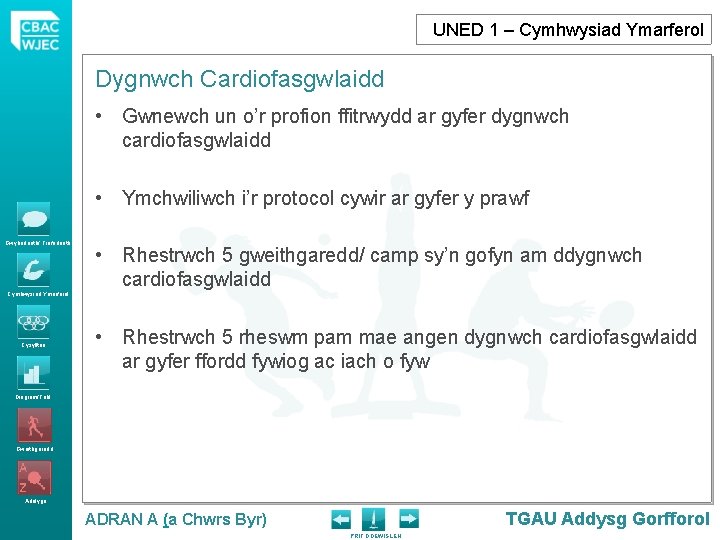 UNED 1 – Cymhwysiad Ymarferol Dygnwch Cardiofasgwlaidd • Gwnewch un o’r profion ffitrwydd ar