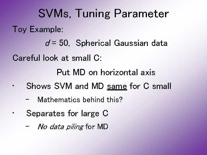 SVMs, Tuning Parameter Toy Example: d = 50, Spherical Gaussian data Careful look at